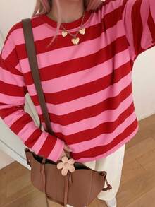 SDNGED Top casual para mujer con rayas y bloques de color, acanalado, para uso diario en primavera/otoño - rayas anchas de color rojo rosado - Ver 2