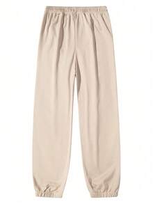 Men's Beige Cargo Jogger Pants, Elastic Drawstring Flap Pockets, Contrast Zigzag Webbing & Label Patch, Loose Street Casual Everyday Long Pants - Khaki - View 4