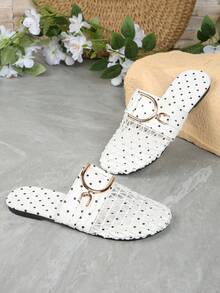 女款網格鏤空平底一腳蹬鞋，舒適亞麻休閒露跟穆勒涼鞋，透氣網布，輕量柔軟室內拖鞋 - 白點 - 查看 11