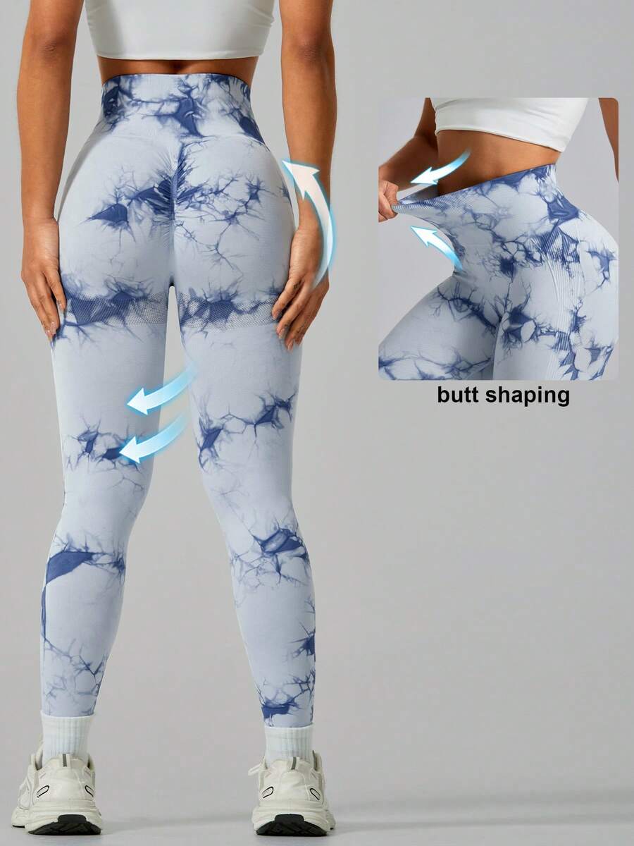 Leggings de sport pour femmes à taille haute avec contrôle du ventre, effet tie-dye, taille côtelée, gainant, élastiques et séchage rapide, pantalon de cyclisme - Bleu ciel - Voir 1