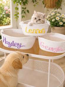 1pc Custom Names Of Cats Or Dogs Woven Storage Basket, Soft Cotton Rope Woven Pet Bed, Desktop Storage Tool With A Customizable Name, Storage Basket For Pet Snacks Or Toys, Multipurpose Basket, Handled Basket, Home Decor, Christmas Present - Multicolor - View 7