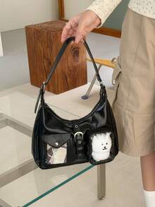 2026 New Japanese Y2K Fashion Shopping Casual Minimalist Street Commute Large Capacity Women's College Style Transparent Badge Bag Shoulder Bag Crossbody Bag (Does Not Include Pendant Doll Postcard) - Black - View 4