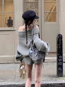 2pcs/Set Women's Off-Shoulder Pullover Loose Slouchy Long Sleeve Korean Sweater & High Waist Straight Leg Shorts, Autumn/Winter - Grey - View 2