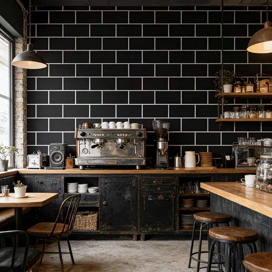 1 Roll Black & White Brick Pattern Self-Adhesive Vinyl Wallpaper - Removable, Waterproof, Moisture-Proof, Cuttable, Easy To Install, Multiple Sizes, Suitable For Living Room, Kitchen, Bedroom, Bathroom, Cabinets, Tables, Walls, Furniture Renovation, Brick And Wood Minimalist Fashion Style - Black Brick - View 1