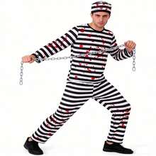 Men's Halloween Striped Cosplay Costume, Includes Top + Pants + Hat - Multicolor - View 8