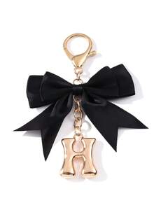 1pc Ins Korean Style Gentle Black Satin Bow Keychain, Metal 3D Letter Lobster Clasp Keyring, Minimalist Premium Backpack Charm - Multicolor - View 15