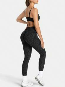 NcmRyu Bộ đồ yoga nữ họa tiết da báo, áo ngực thể thao có đệm tháo rời, dây áo mảnh điều chỉnh được, quần short cạp cao, quần dài 9/10 - màu đen - Xem 8