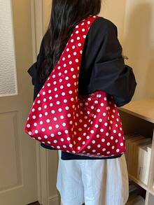 Dedoo 女款大號波希米亞風單肩包，白色波點印花緞面布料，寬肩帶休閒托特包，適合日常購物，春季女裝風格 - 紅色 - 查看 3