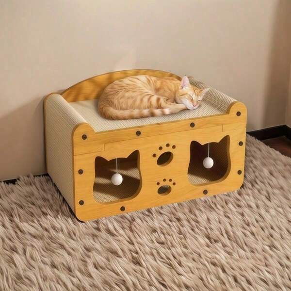 Bubble Fish & Star Moon & Double Cat Head Cat Scratcher, Paper Material Cat Scratching Lounge Designed With Double Layers, Double-Level 2-In-1 Cat Bed & Scratcher For Multi-Cat Households Comes