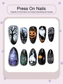 Vintage Halloween Style! 10PCS Almond Shaped Fake Nails Dark Gothic Style Black & White Contrast Spider Web Rose Flower Design Cute White Ghost Pumpkin Tombstone Monster Pattern Press-On Nails Purple Gradient Design Eerie Castle Pattern Halloween Nail Art, Includes 1 Sheet Jelly Glue And 1 Nail File (Jelly Glue Randomly Shipped), Suitable For Women And Girls For Halloween Parties, Gatherings And Other Occasions - Multicolor - View 2