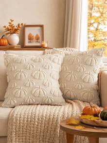 Homemorelove 1/2pcs Autumn Home Decor Throw Pillow Covers, 3D Large & Small Pumpkin Pattern Embroidered Plush Pillowcases, Polyester, Invisible Zipper, Pillow Insert Not Included, Suitable For Living Room, Bedroom, Sofa, Thanksgiving, Halloween Atmosphere Decoration - Beige - View 2