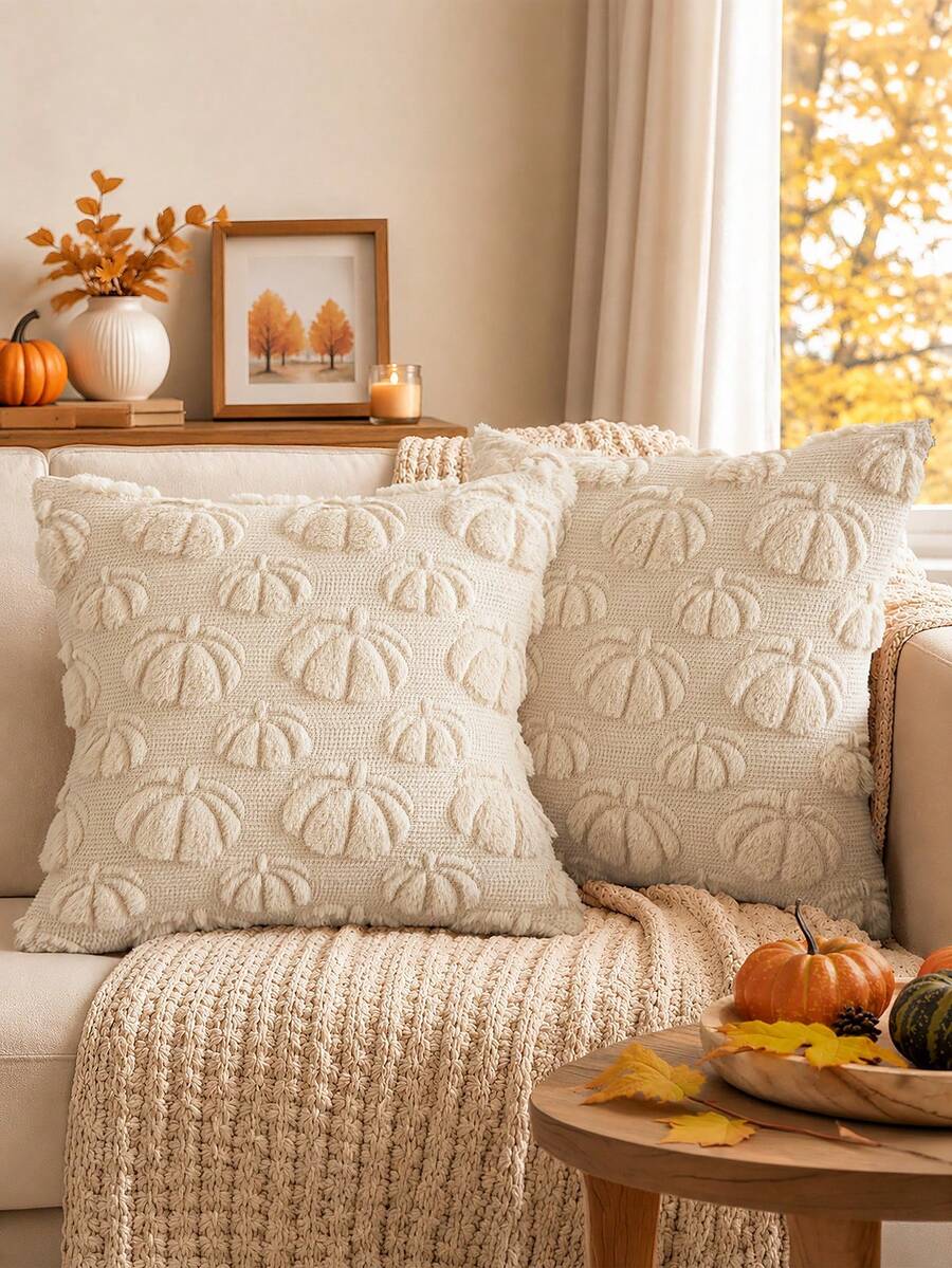 Homemorelove 1/2pcs Autumn Home Decor Throw Pillow Covers, 3D Large & Small Pumpkin Pattern Embroidered Plush Pillowcases, Polyester, Invisible Zipper, Pillow Insert Not Included, Suitable For Living Room, Bedroom, Sofa, Thanksgiving, Halloween Atmosphere Decoration