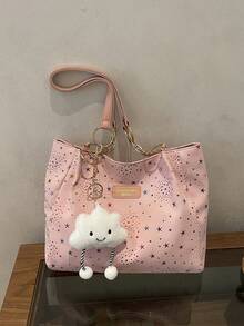 1pc Cloud Pendant Decor Colorful Star Pattern Polyester Fiber Large Capacity Zipper Fashion Shoulder Bag Suitable For Women's Daily Use - Multicolor - View 7