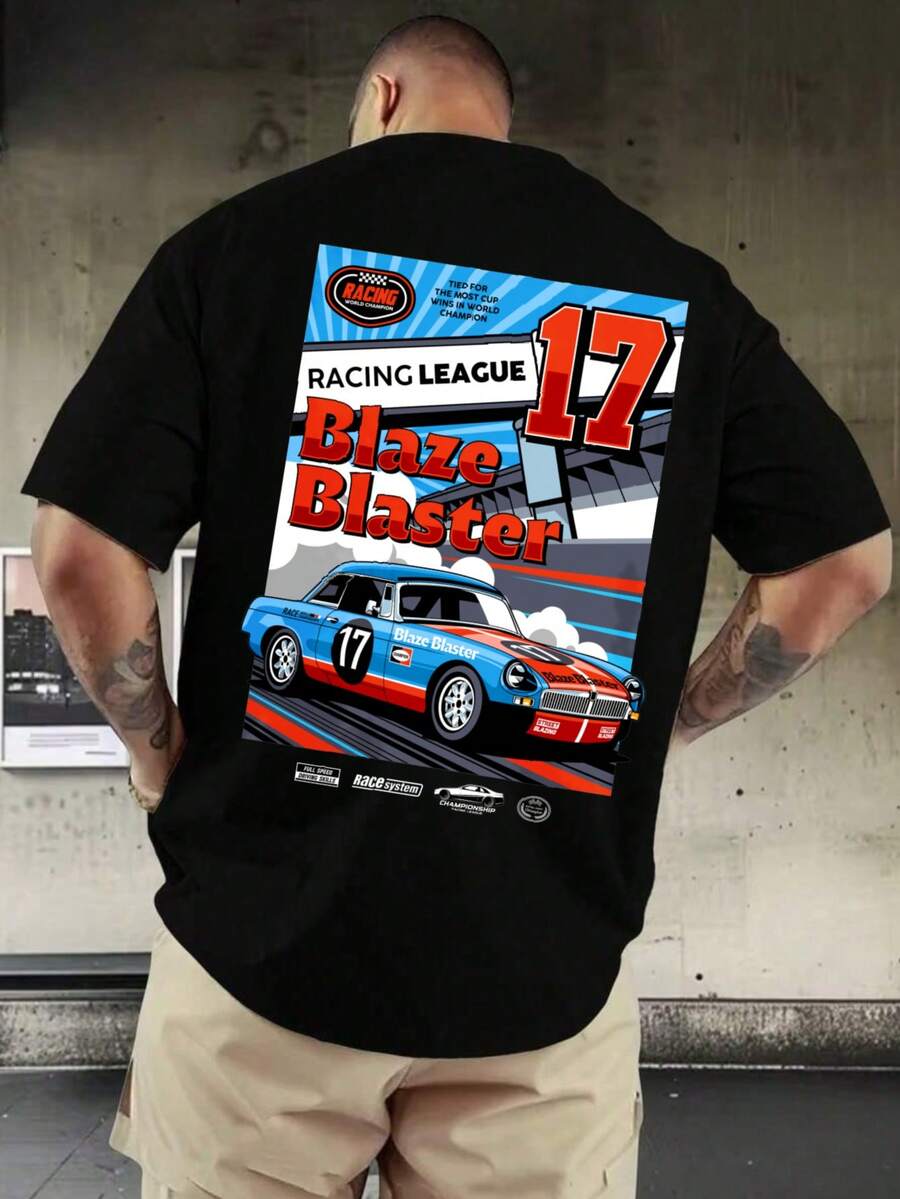 Casual Urban Style Men's T-Shirt, Racing League Blaze Blaster 17 Car Graphic Print, Summer Daily Wear, % Cotton, Vintage Racing Car T-Shirt.