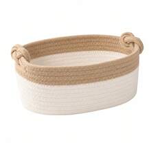 A Hand-Woven Storage Basket, Boho Oval Desktop Organizer Box With Handles, Dorm Room Storage Basket For Cosmetics, Skincare, Toys, Stationery, Study Supplies, Bedroom, Bathroom & Vanity Decor - Camel - View 10