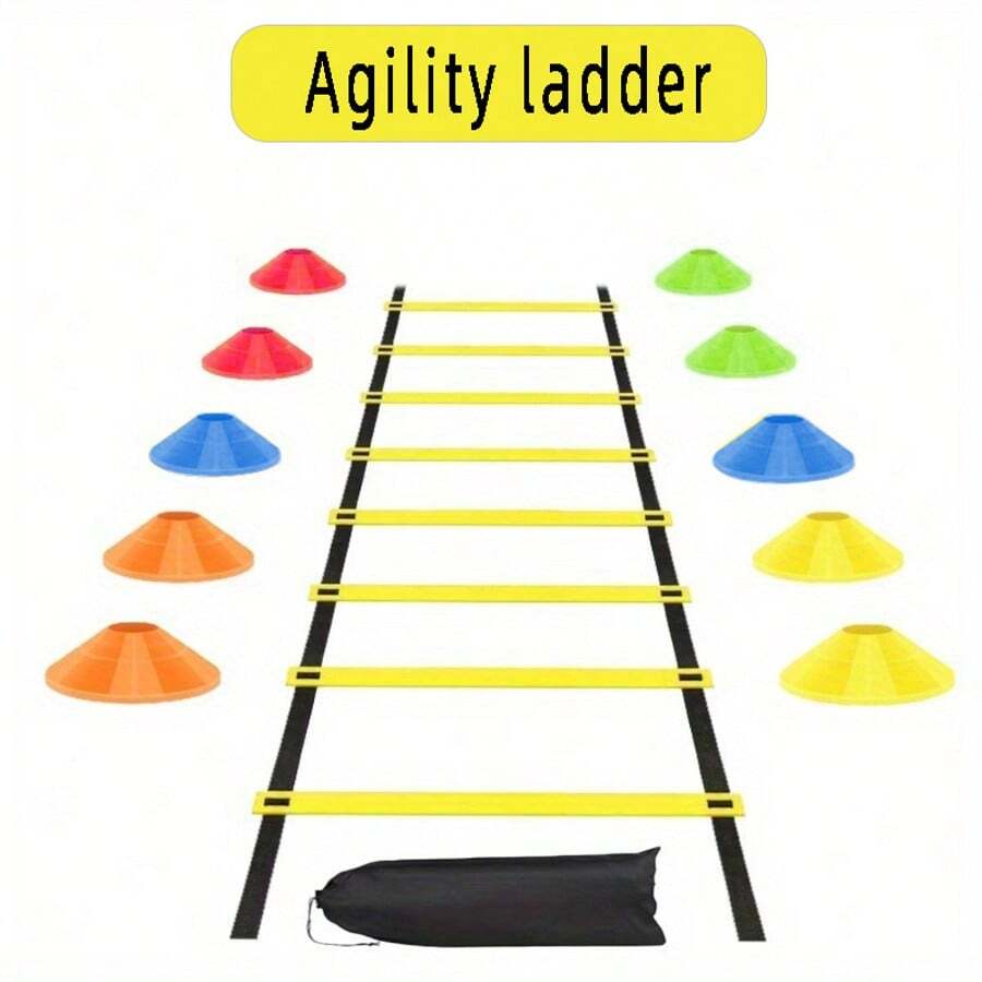 CENLEN Agile Ladder - A Multi-Sized Horizontal Speed Ladder With Cones For Speed Training. Equipment For Football And Basketball Footwork Practice. Football Fitness Training Equipment Is Available With Training Discs. - Yellow 8-section Agility Ladder + 10 Random Color Marker Discs Set - View 1