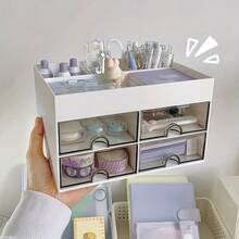 1pc Drawer Stationery & Sundries Storage Box, Student Dorm Desk Ins Style Pen Holder, Tape Organizer, Cosmetic Storage Box, Office Supplies Storage Box, Suitable For Back To School Gift, Random Color - White - View 5