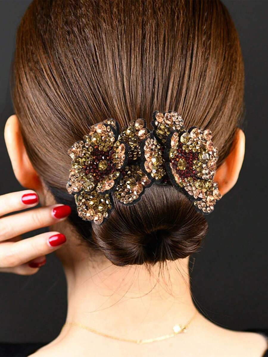 1pc Rhinestone Flower Ponytail Hair Clip (Rhinestone Color Random) - Champagne - View 1