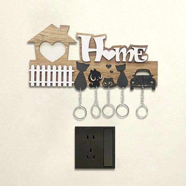 1pc/Set Wooden Wall-Mounted Key Rack, Fashionable Home Entryway Key Holder, Handmade Wooden With Hooks Wall Decor, Detachable Key Storage Rack, Suitable For Doorway, Modern Country Style Home Decor, Space-Saving Daily Storage Accessory