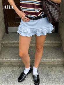 ARA CHIC Women's Light Blue Double Layer Pleated Anti-Exposure High Waist Fitted Mini Skirt Y2K Sexy Style Spring Summer New - Baby Blue - View 3