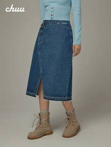 CHUU High Waist Heart Denim Skirt Women Autumn Embroidered Letter Slit A-Line Skirt - Blue - View 2