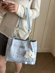 1pc Cloud Pendant Decor Colorful Star Pattern Polyester Fiber Large Capacity Zipper Fashion Shoulder Bag Suitable For Women's Daily Use - Multicolor - View 4