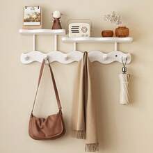 1pc Solid Wood Wavy Pattern High-End Wall Coat Rack, Shelf + Multi-Hook 2-In-1 Design, Modern Style Natural Wood Finish, Home Entryway Hallway Doorway Key Bag Storage Hanging Rack, Easy Installation High Load-Bearing Stable Structure, Cream Style High Aesthetic Home Decor Wall Storage Organizer - Multicolor - View 9