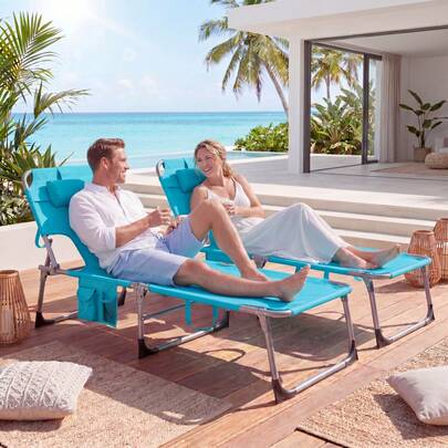 Tanning Chair, Portable Chaise Lounge Chair With 4-Position Adjustable Backrest Black/Gray/Navy/Turquoise