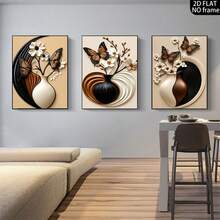 3-Piece Frameless Modern Minimalist Vase & Floral Wall Art Print Canvas Decor, Abstract Geometric Butterfly & Floral Frameless Poster, Home Decor Neutral Earth Tone Wall Art, Holiday Decoration Gift - Beige - View 5