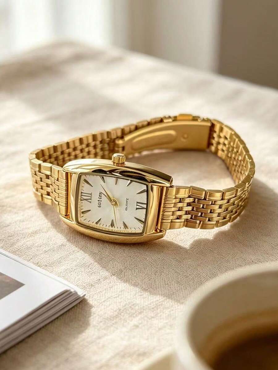 sottas 新款正方形金色迷你桶型女款石英鋼帶手錶，極簡優雅，休閒百搭，奢華腕錶 - 白色 - 查看 1