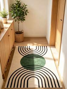 1pc Beige Background Green Round Geometric Symmetrical Pattern Rectangular Rug, Natural Wood Minimalist Style, Doormat, Welcome Mat, Outdoor Doormat, Kitchen Rug, Front Door Mat, Area Rug, Outdoor Mat, Home Decor, Garden Rug, Washable Rug - Multicolor - View 3