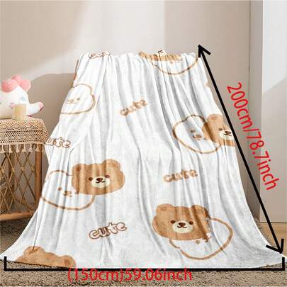 Cartoon Bear Print Flannel Blanket, Soft INS Style Sofa & Air Conditioner Cover, Student Dorm Nap Blanket, Digital Print Flannel Blanket, 1pc