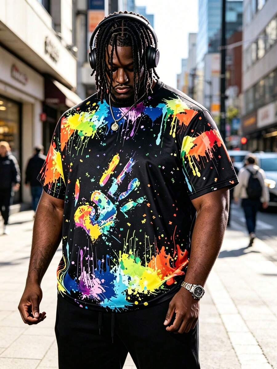 Plus Size Men's Colorful Splash Ink Hand Print Round Neck Breathable Casual Short Sleeve T-Shirt - Multicolor - View 1