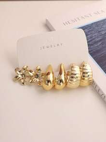 6/18PCS Fashionable Geometric Gold Metallic Earring Set, Women's Fashion Earring Set, Daily Wear, (Lightweight CCB Material, Non-Fading) - Gold - View 6