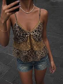 Buzzelle Camisole Top With Patchwork Pattern Leopard Print Polyester Lace Patchwork Vacation Beach - Maroon - View 2
