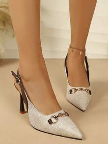 Women's Vintage Letter Print Mid-Heel Slip-On Sandals - Beige - View 4
