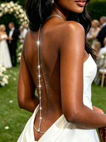 1pc Bridal Backless Rhinestone Water Drop Body Chain Waist Belt Necklace, Suitable For Women, Mom, Girlfriend, Summer Beach Body Jewelry - Silver - View 2