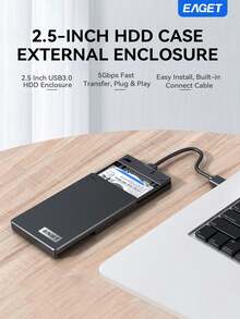 EAGET 2.5" Hard Drive Enclosure, USB 3.0 5Gbps, Supports Up To 6TB, Tool-Free Installation, Durable ABS Material, Smart Sleep Function - Compatible With Computers, Laptops And Phones, Plug And Play (Solid State Drive Not Included) - Black - View 2