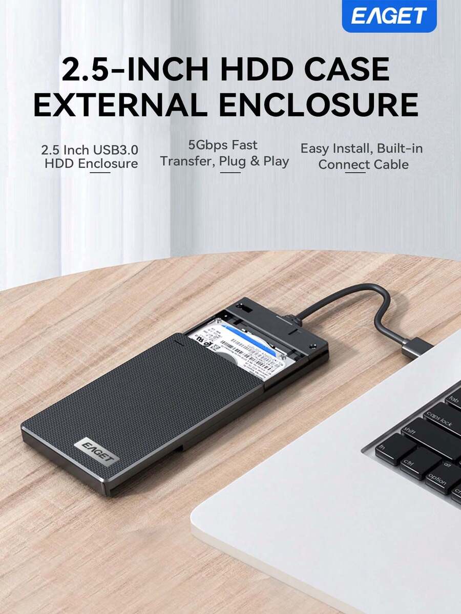 EAGET 2.5" Hard Drive Enclosure, USB 3.0 5Gbps, Supports Up To 6TB, Tool-Free Installation, Durable ABS Material, Smart Sleep Function - Compatible With Computers, Laptops And Phones, Plug And Play (Solid State Drive Not Included)
