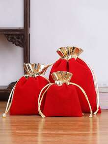 3pcs Black Red Burgundy Blue Valentine's Day Wedding Party Favor Plush Drawstring Gift Bags, Single-Sided Plush Gold Trim, Plush Packaging Bags With Straw And Earphone, Small Commercial Supplies - Multicolor - View 14