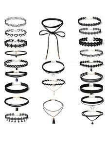 22pcs Black Choker Necklace Set For Women, Velvet Collar Set, Bohemian Vacation Style Lace Elastic Necklace Gift - Multicolor - View 2