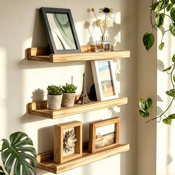 Rustic Style Wooden Wall-Mounted Floating Shelf - No Drilling Installation, Suitable For Bedroom, Living Room, Bathroom And Office Multi-Purpose Storage And Display, Can Be Used For Placing Photo Frames, Plants And Home Decor, Durable And Sturdy, Country Style
