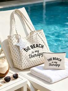 「Beach Therapy」圖案白色波點沙灘托特包套組，附星星吊飾，大容量可折疊，可愛多巴胺時尚托特包，適合購物包、旅行包、通勤包，理想用於海灘旅行、泳池派對、購物與日常使用，適合女性、旅行者與海灘愛好者，適合作為返校、度假與送禮之選 - 彩色 - 查看 11