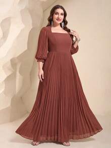 Square Neck Pleated Lantern Sleeve Dress With Ruffle Hem, Elegant Chiffon Bridesmaid Gown - Redwood - View 4
