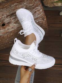 Women's Rhinestone Thick Sole Platform Shoes, Soft Bottom Lightweight Knit Mesh Sneakers, Height-Increasing Slimming Fashion Casual Loafers For Petite Women - White - View 6