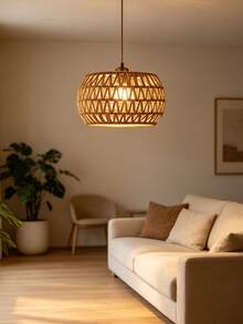 Bohemian Handwoven Rattan Lampshade, 19.31" - Perfect For Kitchen Island, Dining & Living Room Decor - Hollowed-out Semicircle - View 6