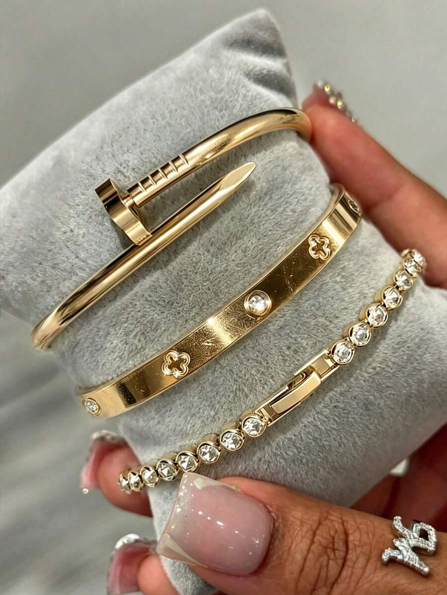 1/3pcs Luxury Stainless Steel Clover Bangle Bracelet Set, Vintage Clover Chain Bracelet Jewelry Set, Suitable For Women Daily Wear, Gift, Party, Fashion Christmas Present - Silver - View 1