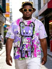 Plus Size Men's Colorful Graffiti Print Short Sleeve T-Shirt, Fashion Casual Crew Neck Hiphop Street Tee - Multicolor - View 1