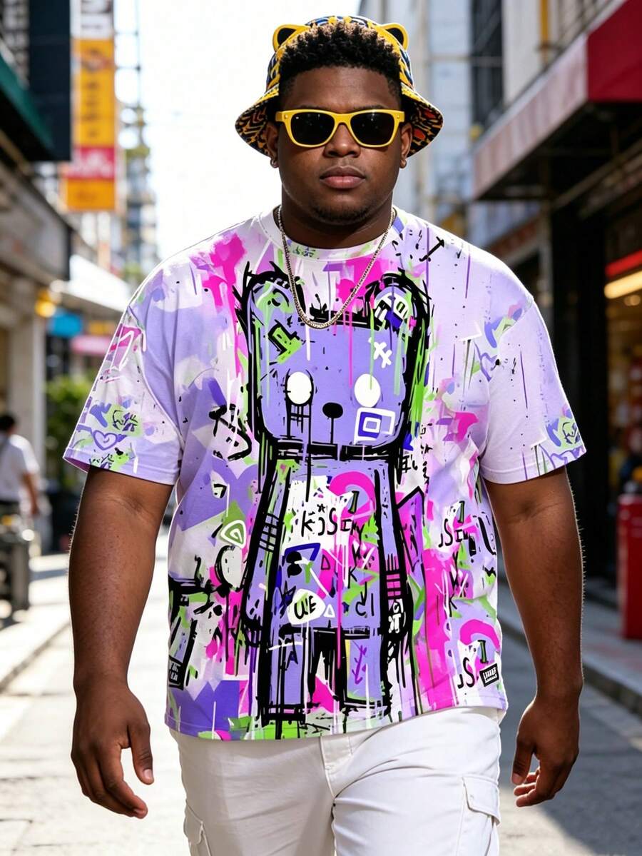 Plus Size Men's Colorful Graffiti Print Short Sleeve T-Shirt, Fashion Casual Crew Neck Hiphop Street Tee - Multicolor - View 1