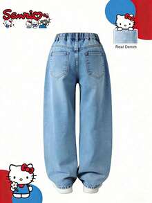 Cute Pattern Series _ Children's Wide Leg Jeans - Y2K Cute Hello Kitty With Flowers And Stars Pattern Street Jeans _ Children's Casual Pants _ - Light Wash - View 3